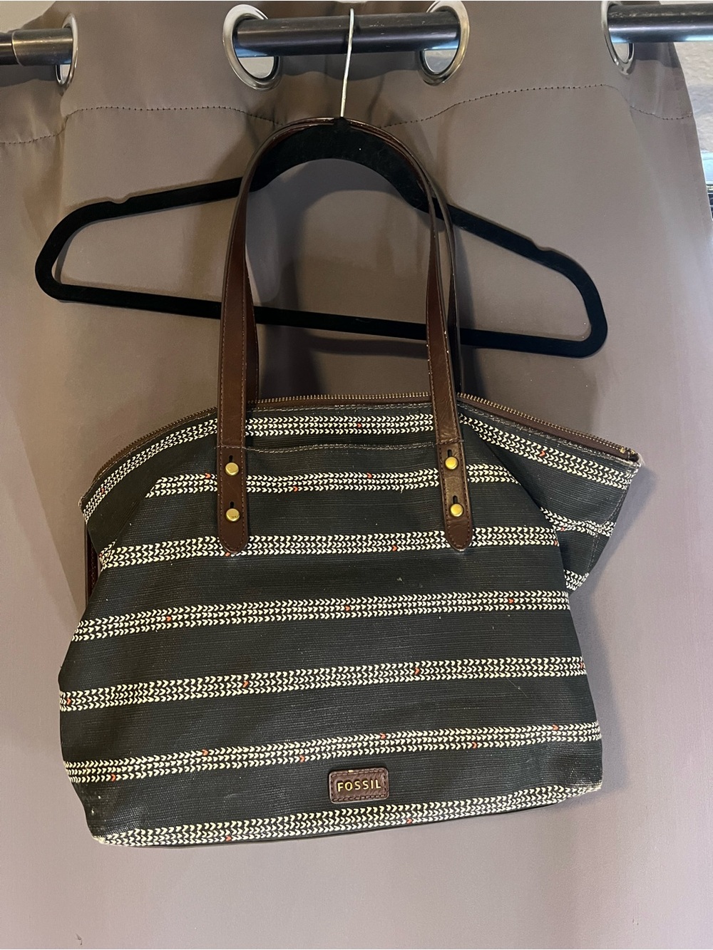 Fossil Black & White Striped Canvas Tote with Brown Leather Handles